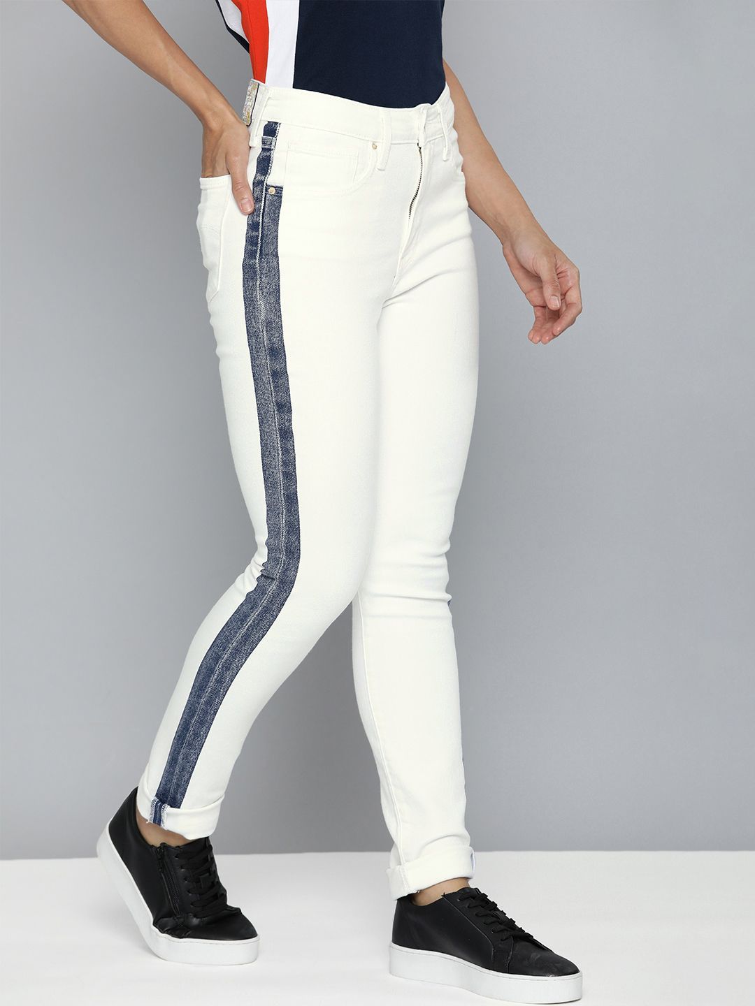 Levis Women White 721 Skinny Fit High-Rise Stretchable Side Striped Jeans Price in India