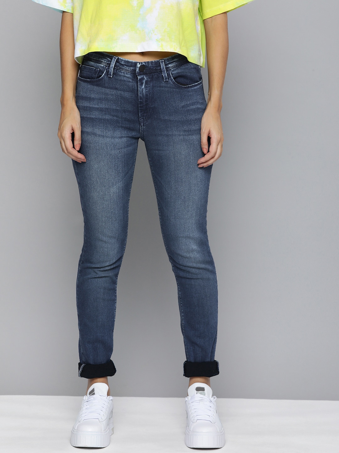 Levis X Deepika Padukone Women Blue 711 Skinny Fit Heavy Fade Stretchable Jeans Price in India