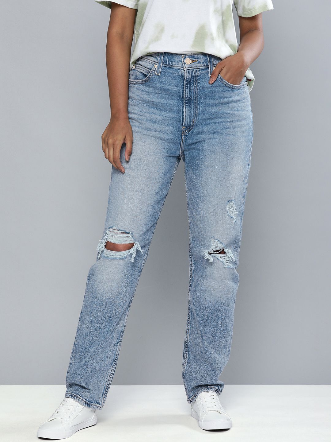 Levis X Deepika Padukone Women Blue 70S Straight Fit High-Rise Ripped Stretchable Jeans Price in India