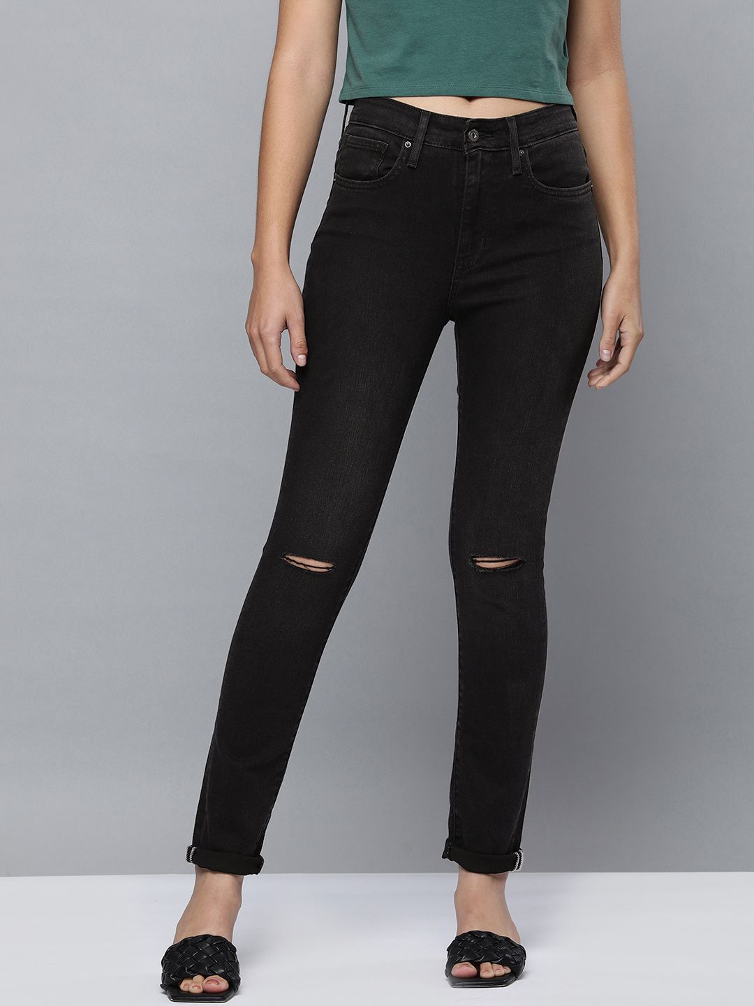 Levis Women Black 721 Skinny Fit High-Rise Slash Knee Stretchable Jeans Price in India