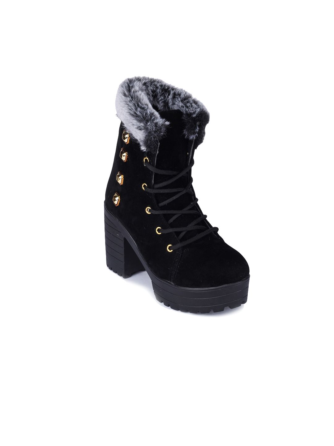 VAYONAA Black Suede High-Top Block Heeled Boots Price in India