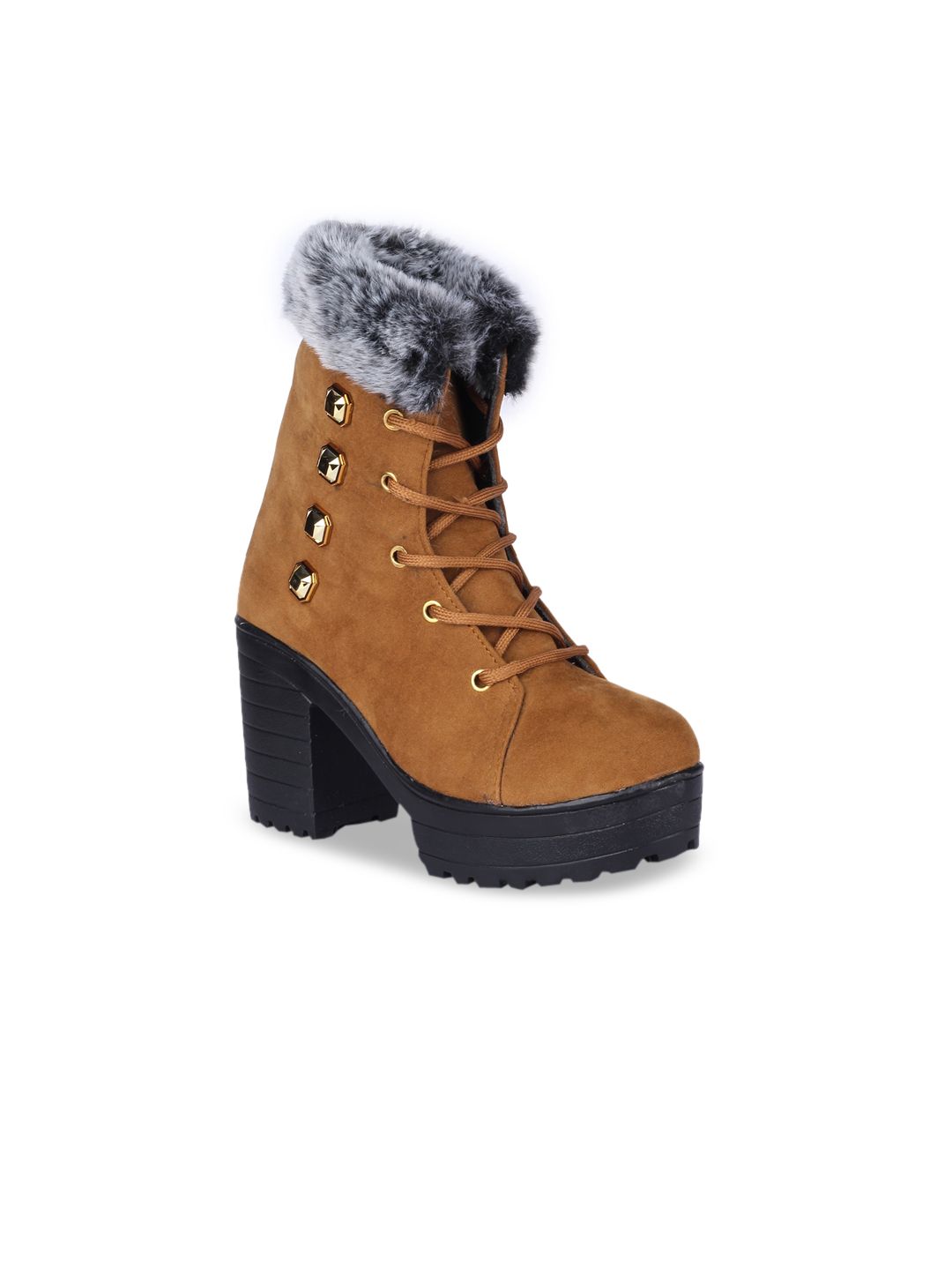 VAYONAA Tan Suede High-Top Platform Heeled Boots Price in India