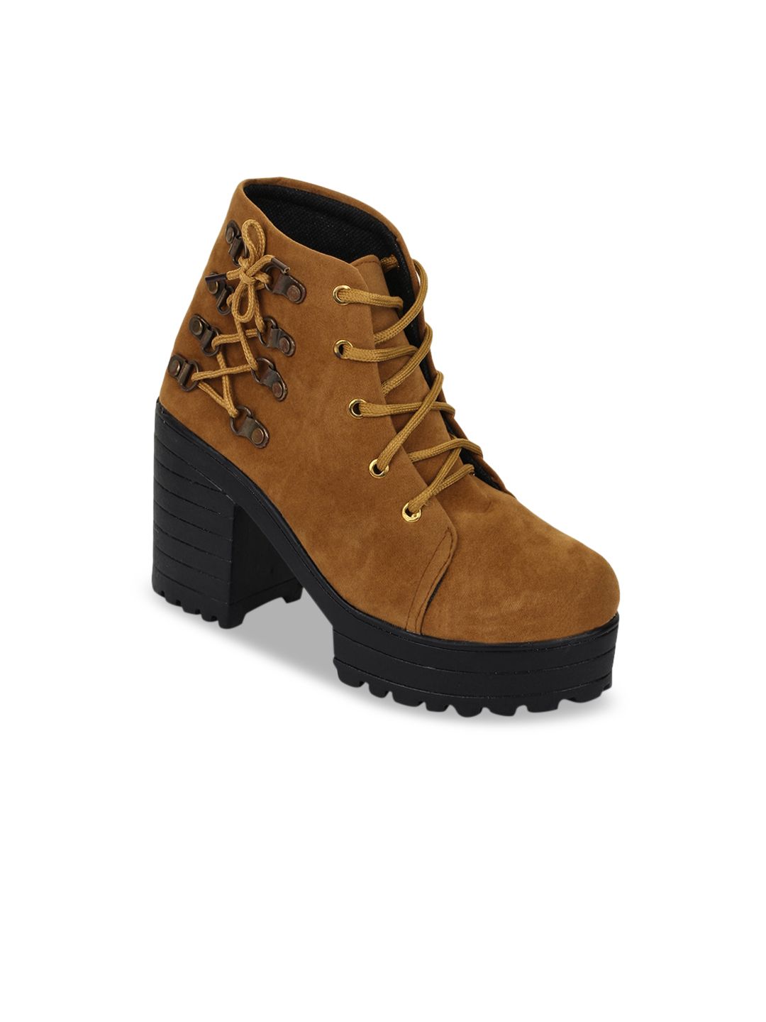 VAYONAA Women Tan & Black Solid Platform Heeled Boots Price in India