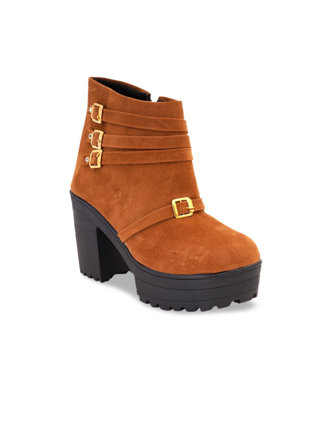 VAYONAA Tan & Black Suede High-Top Platform Heeled Boots with Buckles Price in India