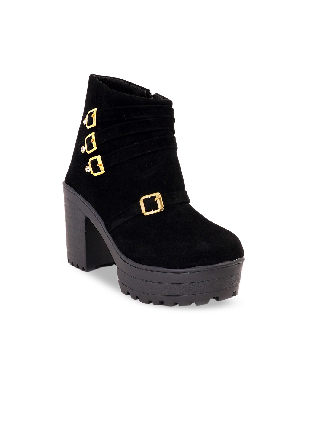 VAYONAA Black Suede High-Top Platform Heeled Boots with Buckles Price in India
