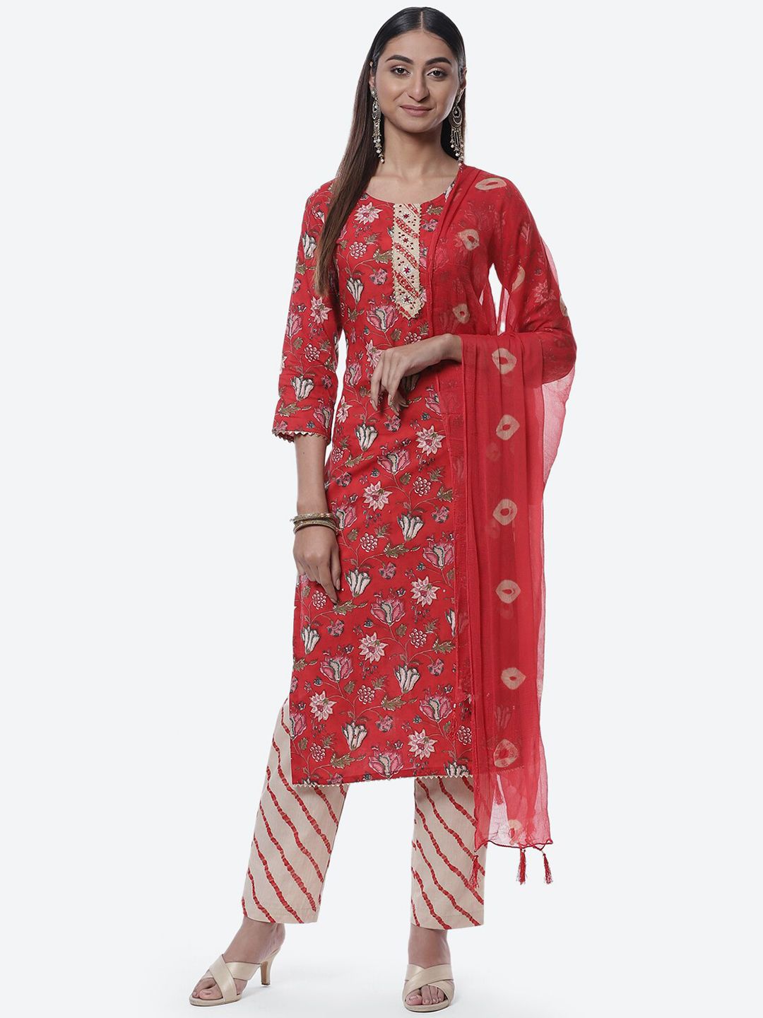 Biba Red & Beige Printed Pure Cotton Unstitched Dress Material Price in India