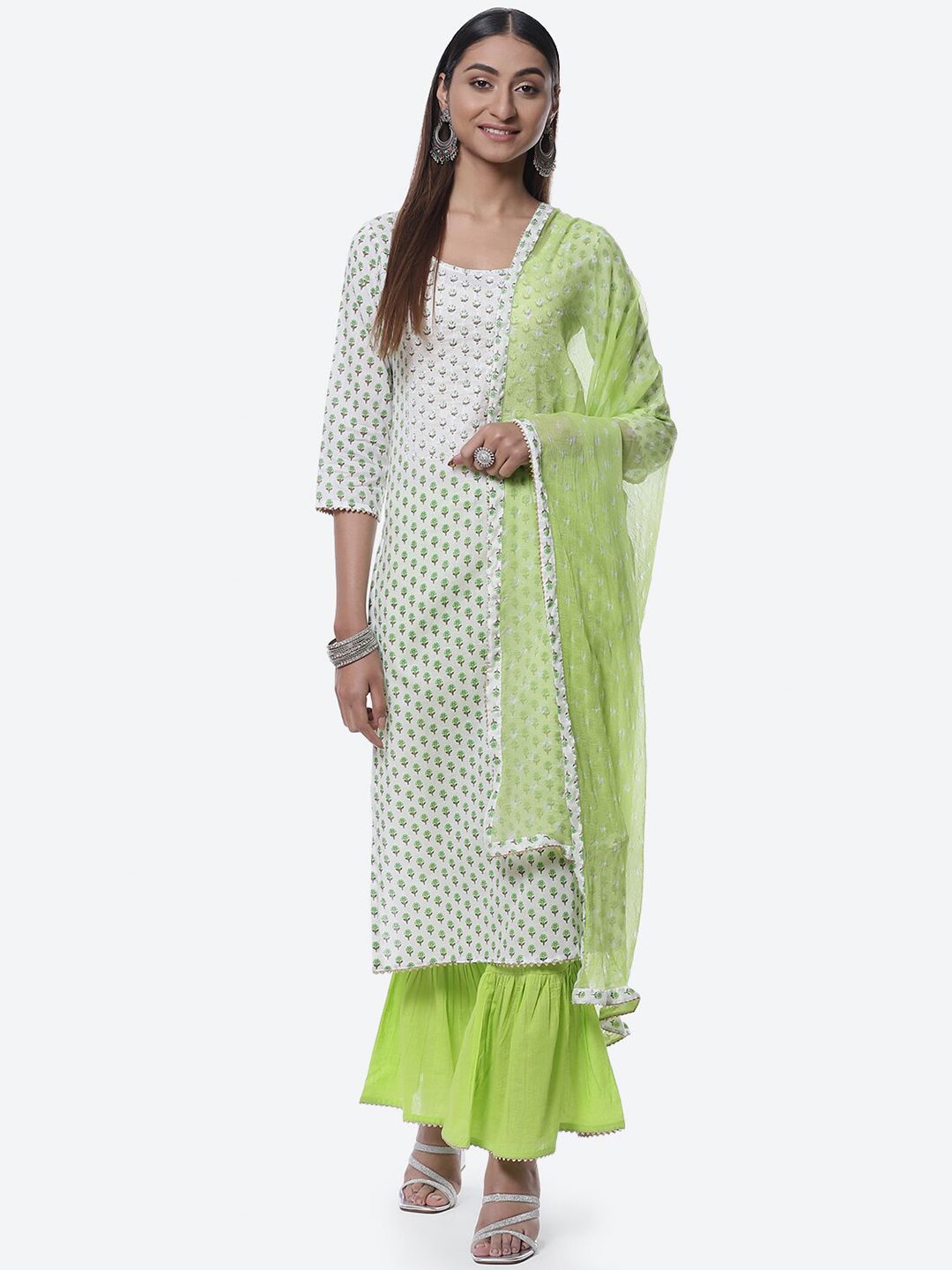 Biba Green & White Printed Pure Cotton Unstitched Dress Material Price in India