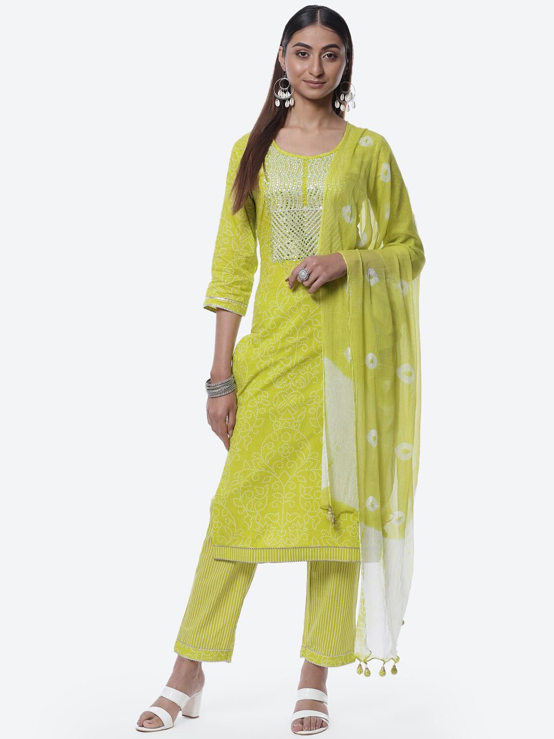 Biba Lime Green & White Embroidered Pure Cotton Unstitched Dress Material Price in India