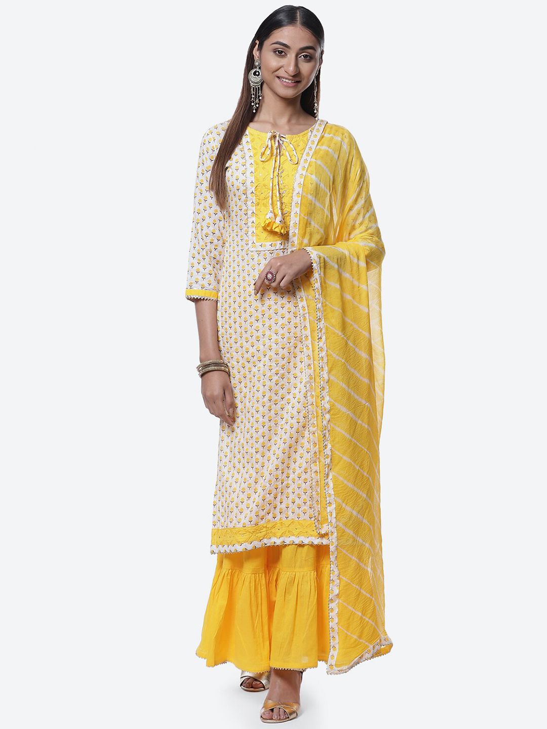 Biba Yellow & White Printed Pure Cotton Unstitched Dress Material Price in India