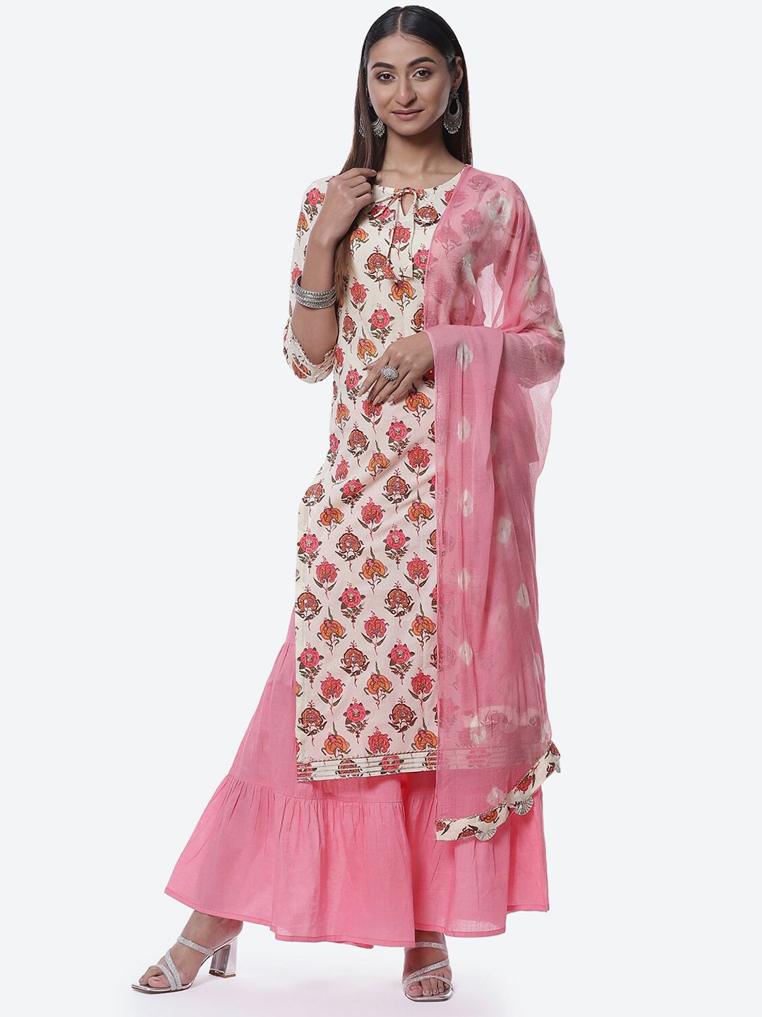 Biba Off White & Pink Printed Pure Cotton Unstitched Dress Material Price in India