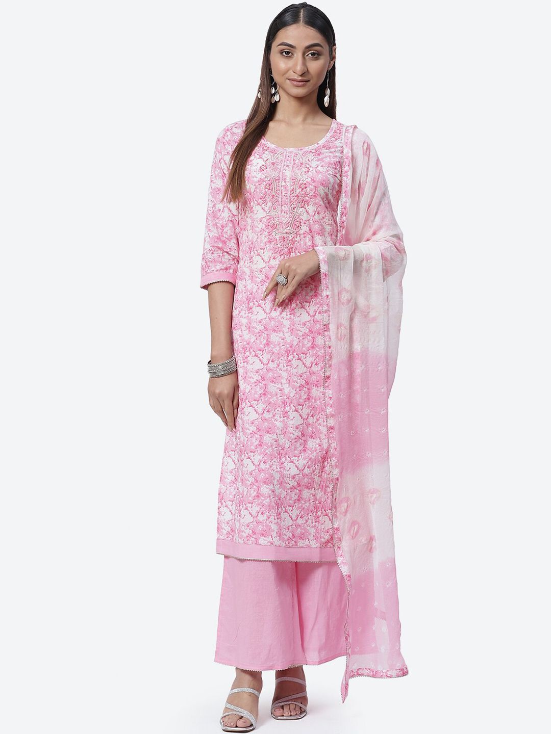 Biba Pink & White Printed Pure Cotton Unstitched Dress Material Price in India