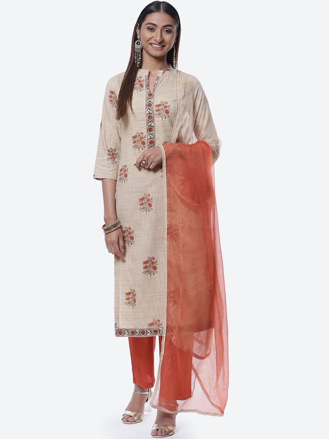 Biba Off White & Red Printed Pure Cotton Unstitched Dress Material Price in India