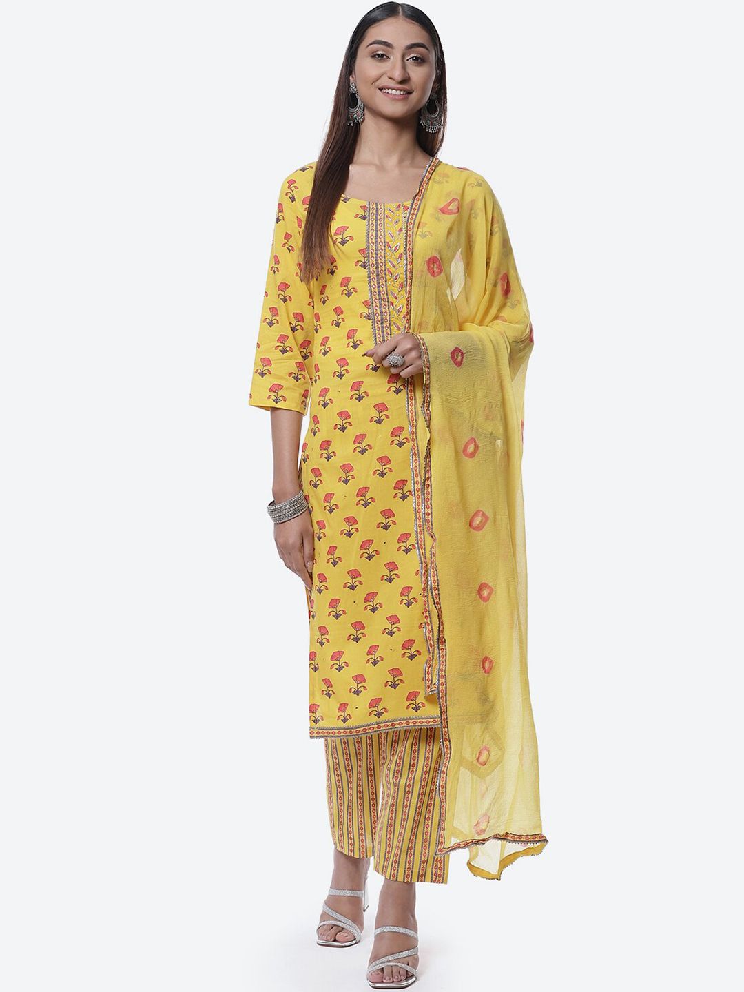 Biba Yellow & Red Printed Pure Cotton Unstitched Dress Material With Dupatta Price in India