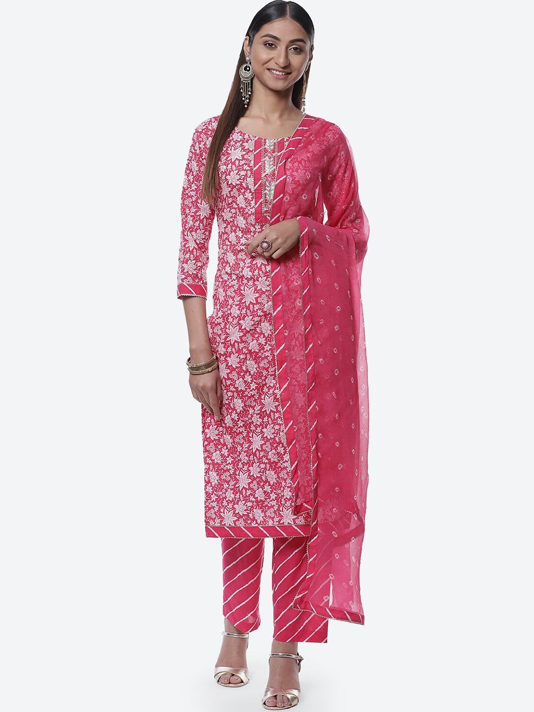 Biba Pink & White Printed Pure Cotton Unstitched Dress Material Price in India