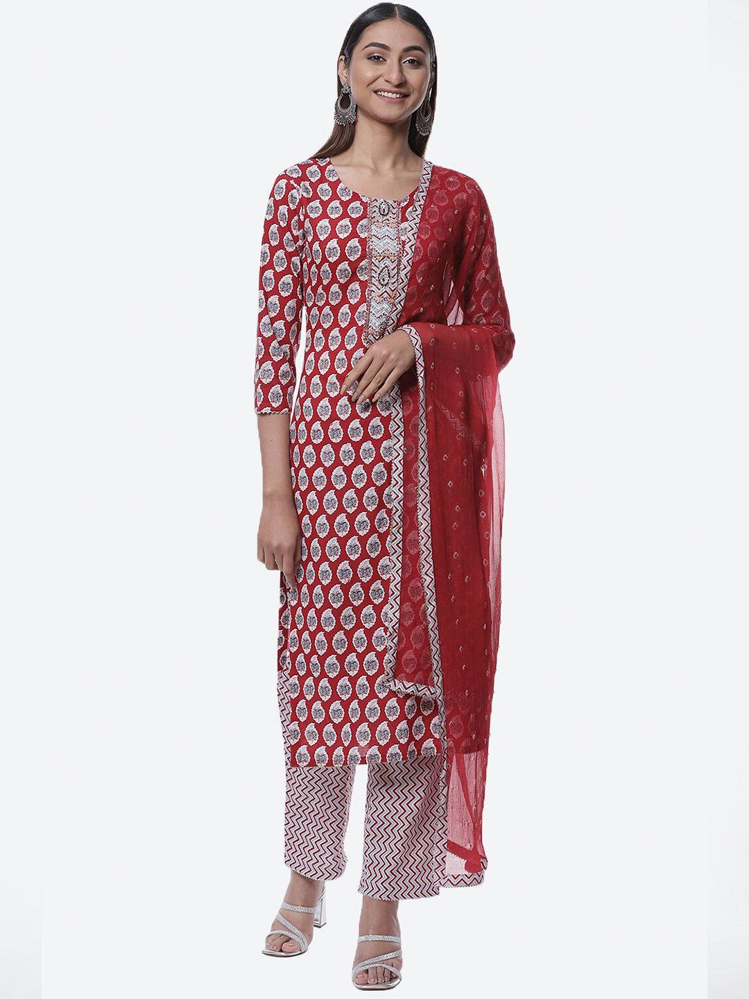 Biba Red & White Printed Pure Cotton Unstitched Dress Material With Dupatta Price in India