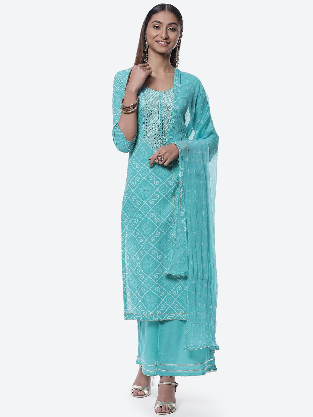 Biba Blue & White Embroidered Pure Cotton Unstitched Dress Material Price in India