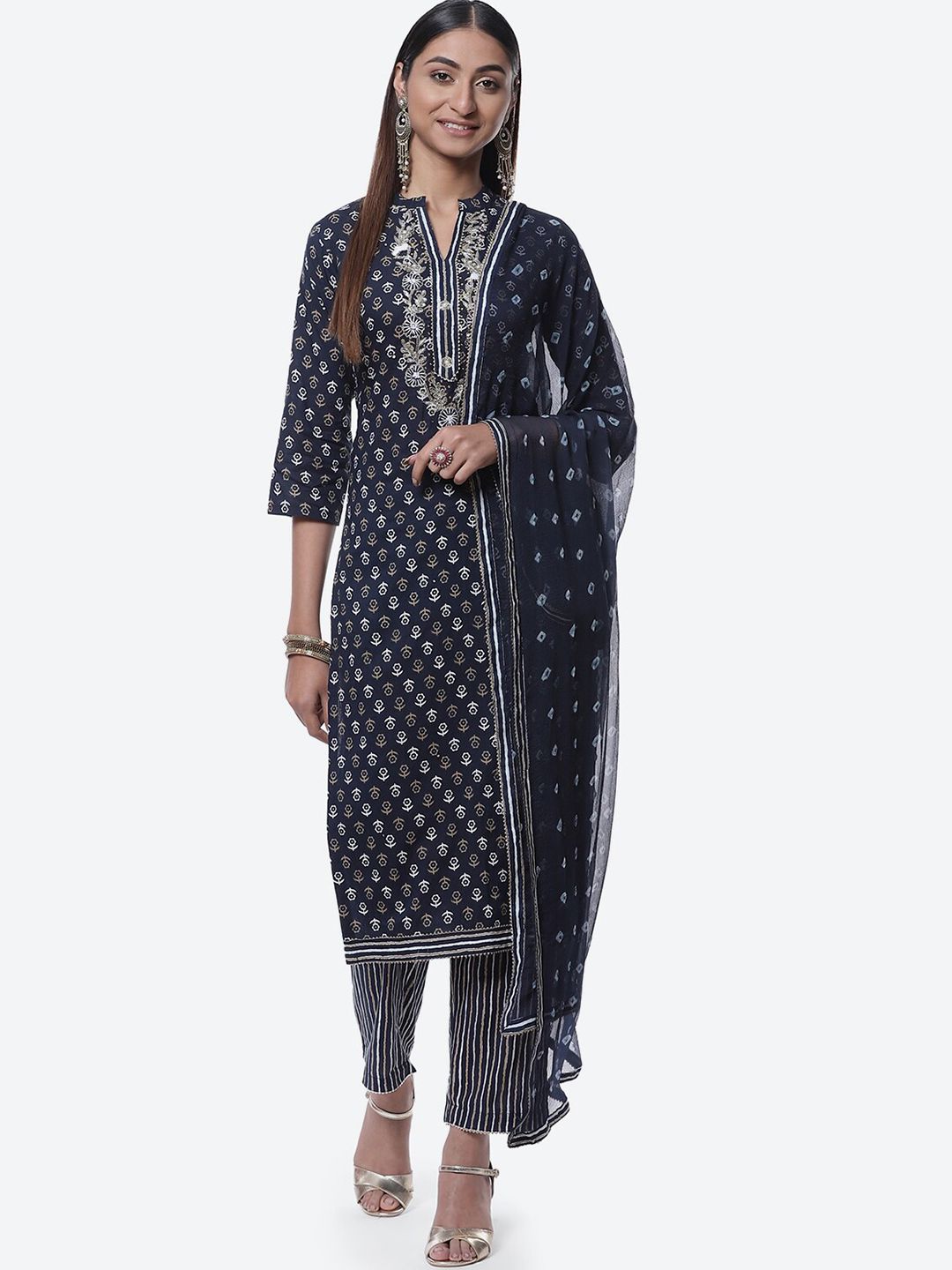 Biba Women Blue Printed Pure Cotton Unstitched Dress Material Price in India