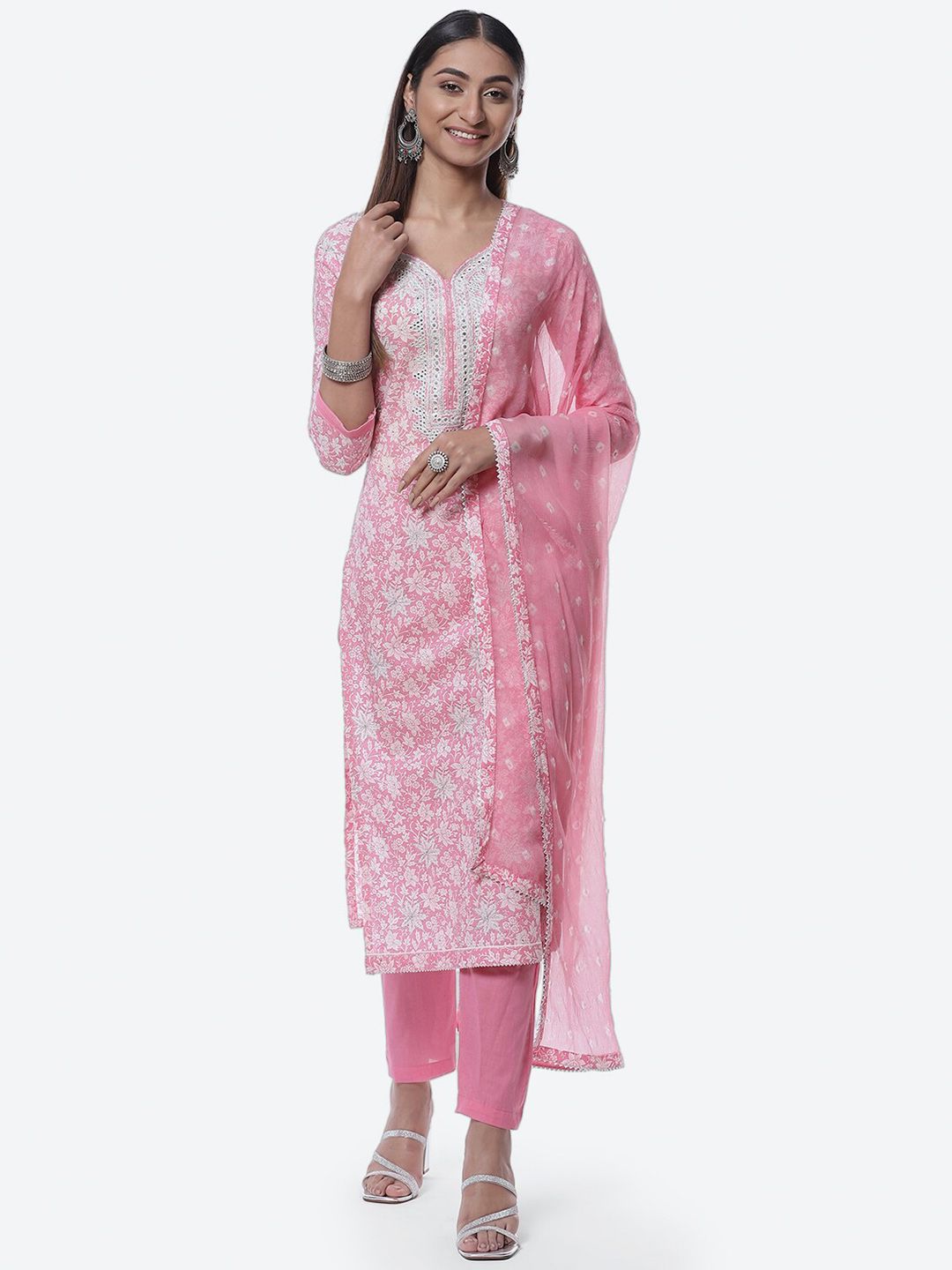 Biba Pink & White Embroidered Pure Cotton Unstitched Dress Material Price in India