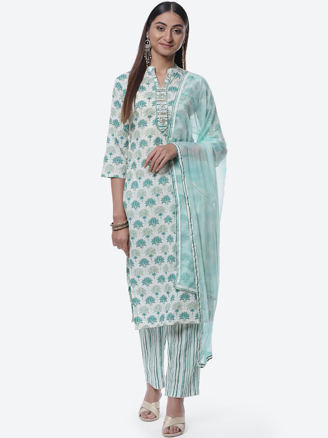 Biba White & Green Printed Pure Cotton Unstitched Dress Material Price in India