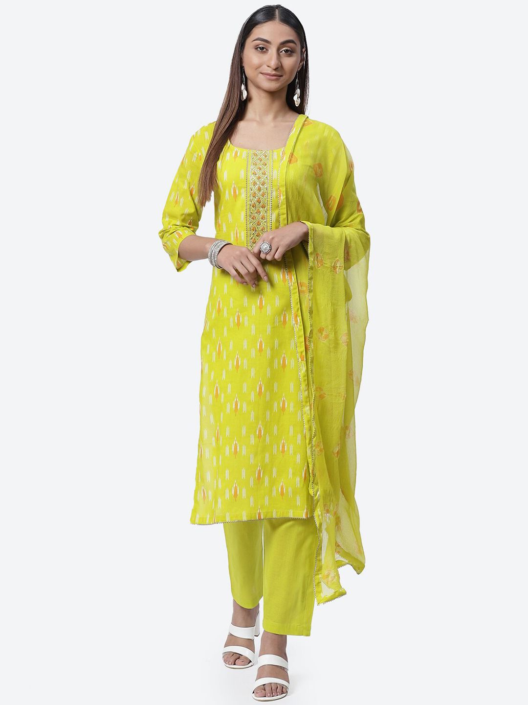 Biba Green & White Printed Pure Cotton Unstitched Dress Material Price in India