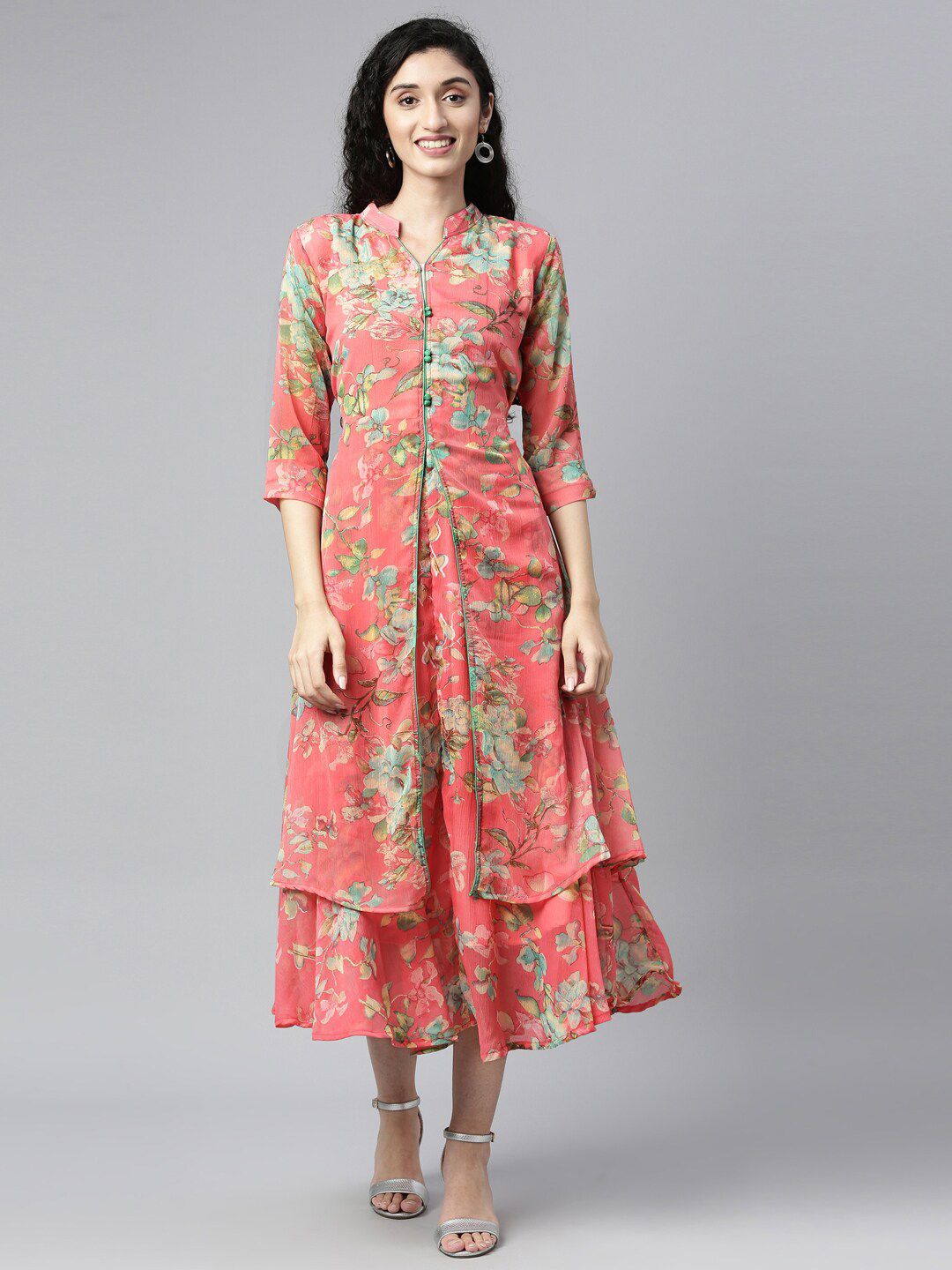 Souchii Women Pink & Green Floral Layered A-Line Midi Dress Price in India