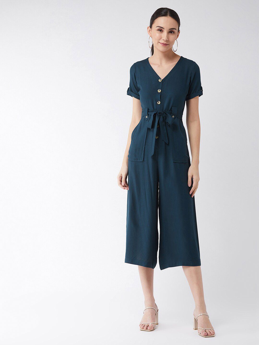 DOLCE CRUDO Teal Blue Culotte Jumpsuit with Belt Price in India