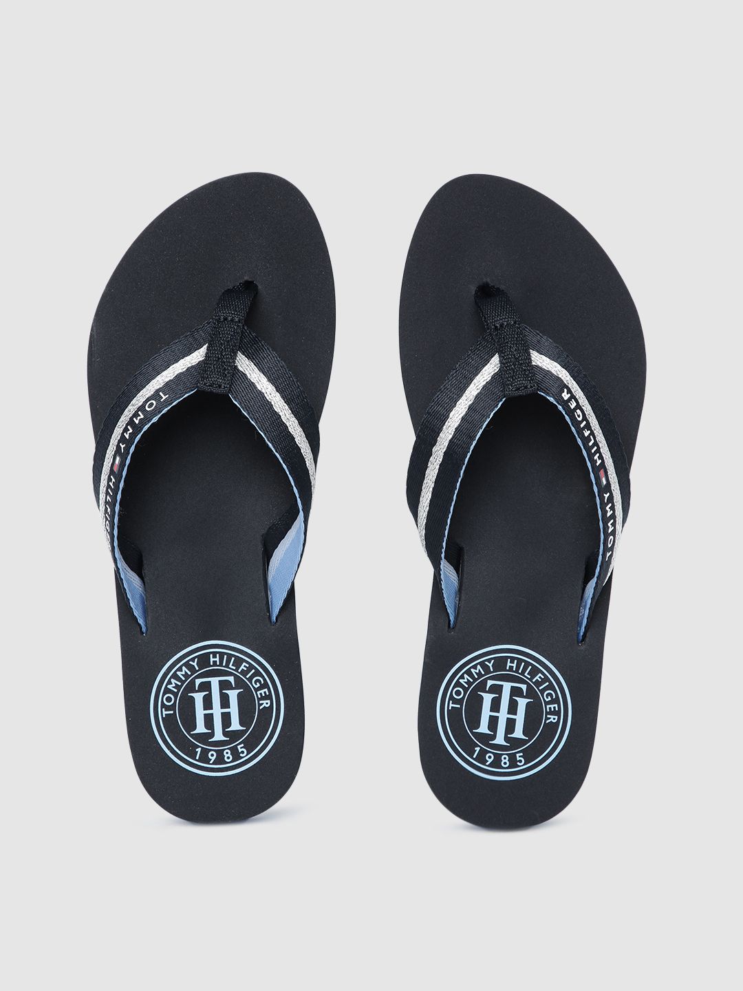Tommy Hilfiger Women Navy Blue & Silver-Toned Striped Essential Beach Thong Flip-Flops Price in India