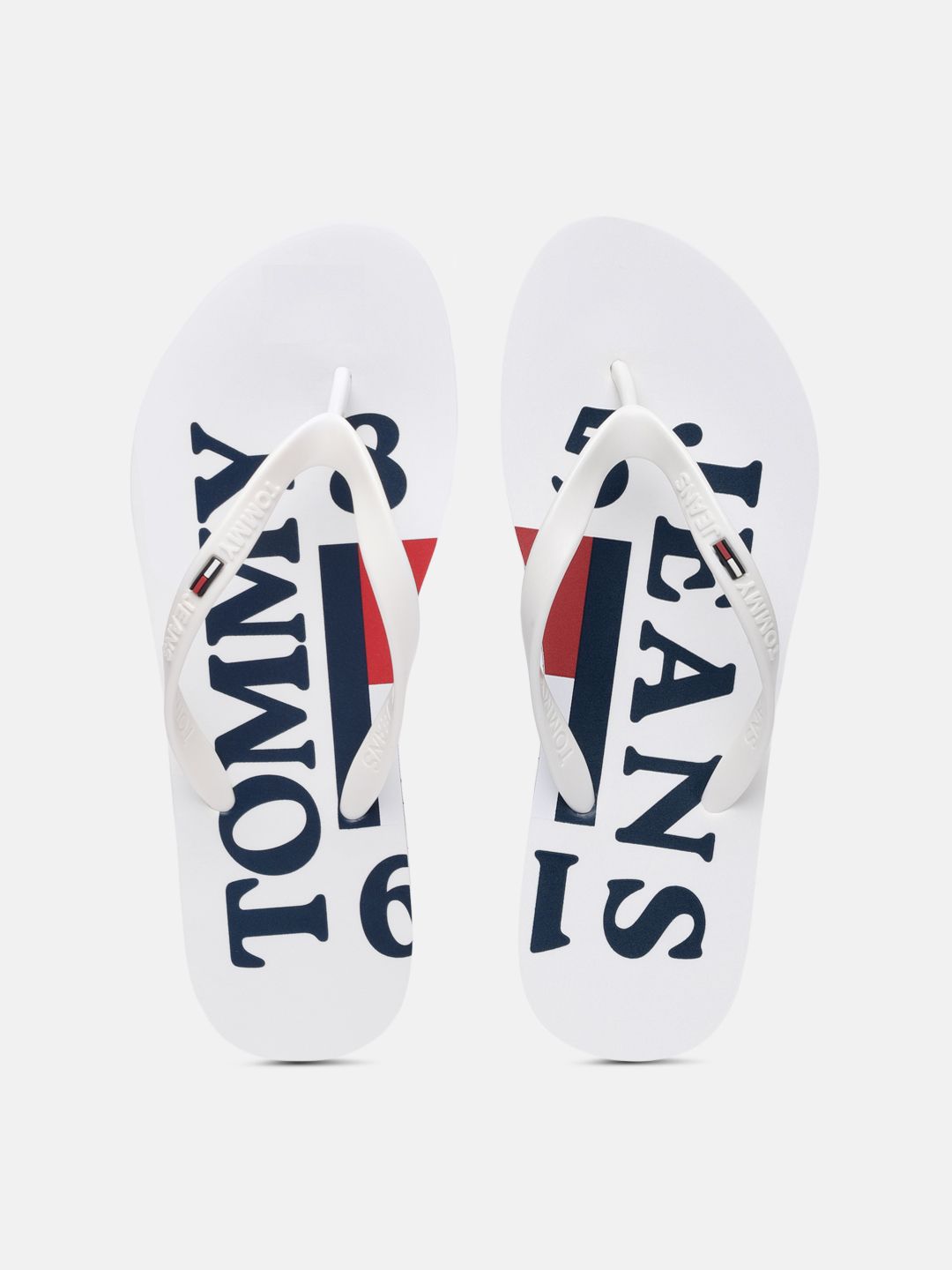 Tommy Hilfiger Women White & Navy Blue Brand Logo Print Beach Thong Flip-Flops Price in India
