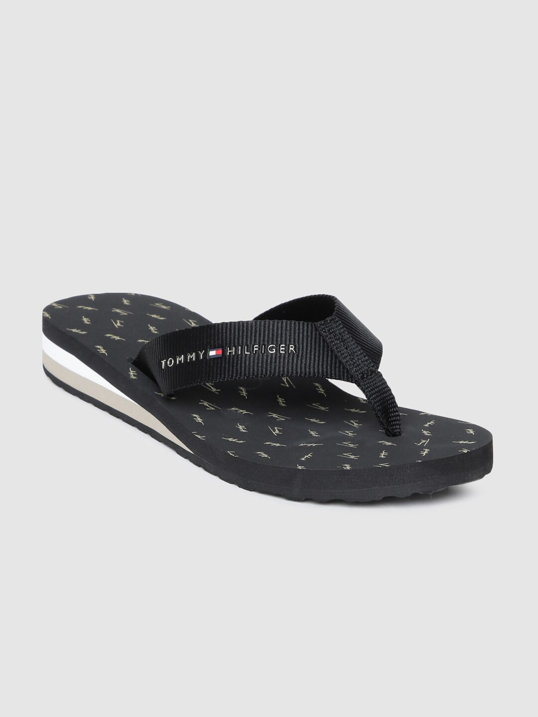 Tommy Hilfiger Women Black Signature Mid-Wedge Thong Flip-Flops Price in India