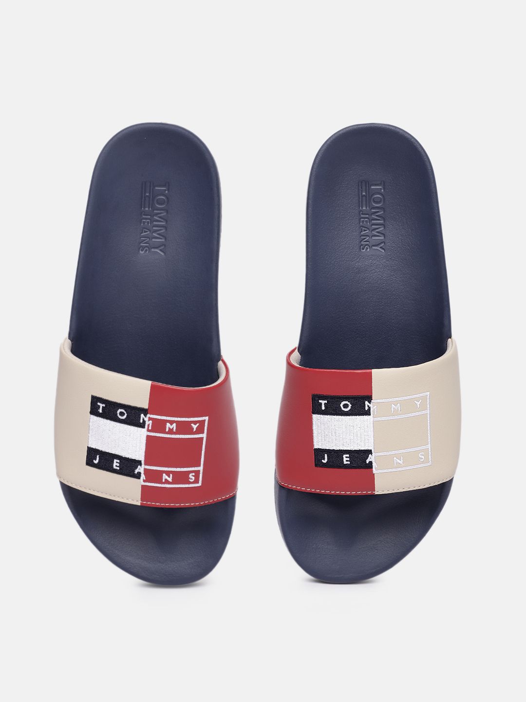 Tommy Hilfiger Women Beige & Red Brand Logo Split Branding Embroidered Pool Sliders Price in India