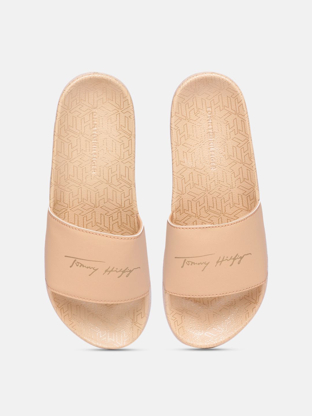 Tommy Hilfiger Women Peach Orange & Metallic Gold-Toned Brand Logo Print Pool Sliders Price in India