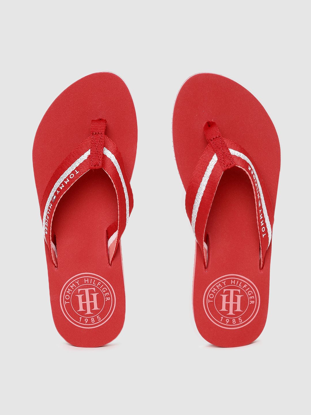 Tommy Hilfiger Women Red & White Striped Essential Mid-Wedge Thong Flip-Flops Price in India