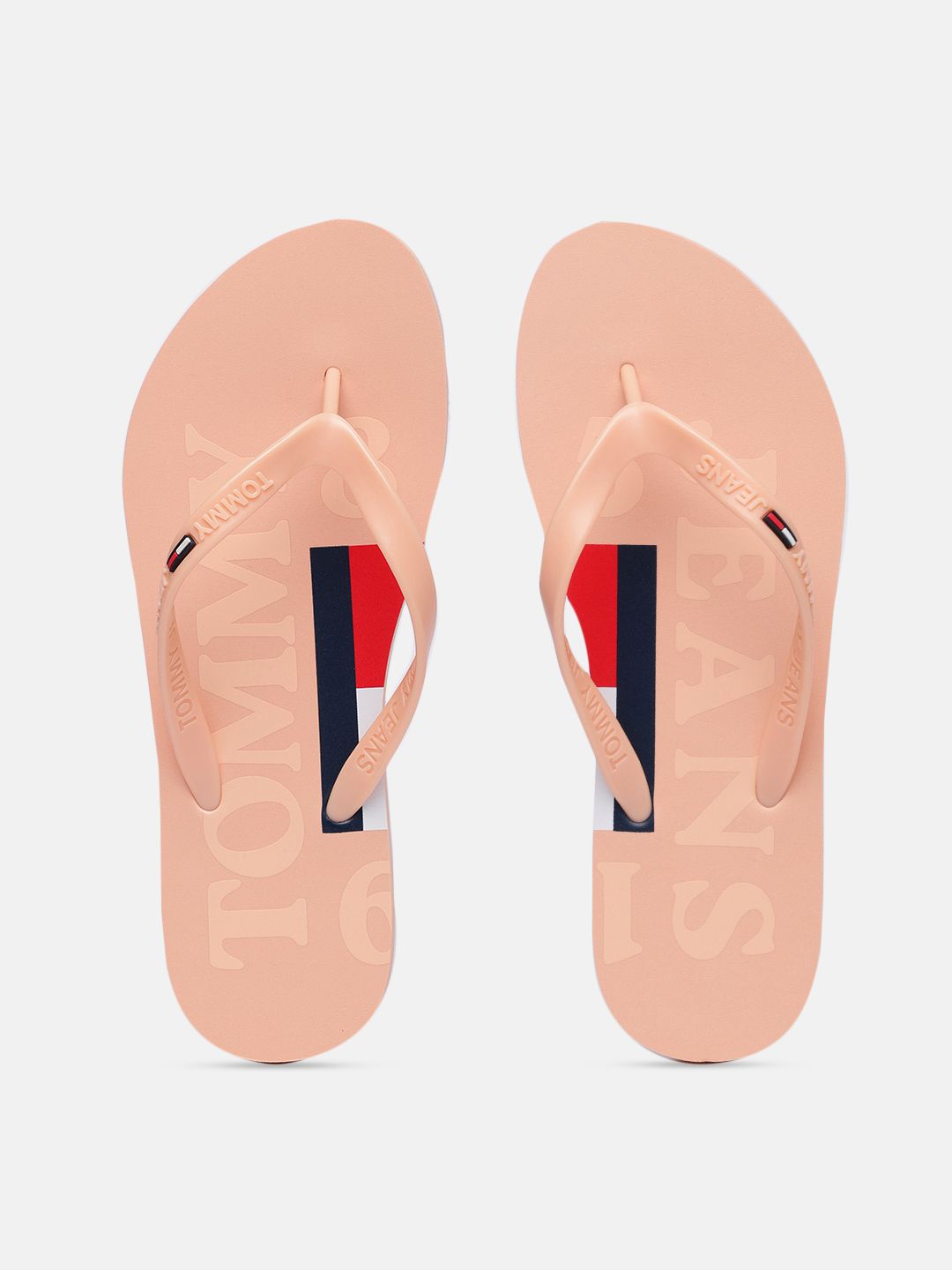 Tommy Hilfiger Women Peach Pink Brand Logo Print & Embossed Beach Thong Flip-Flops Price in India