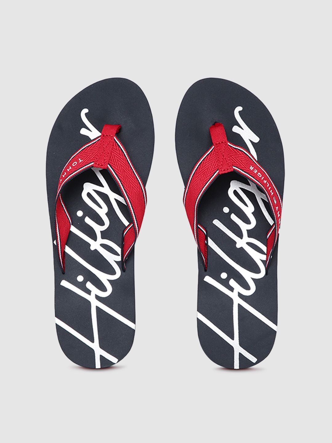Tommy Hilfiger Women Red & Navy Blue Printed Signature Mid-Wedge Thong Flip-Flops Price in India