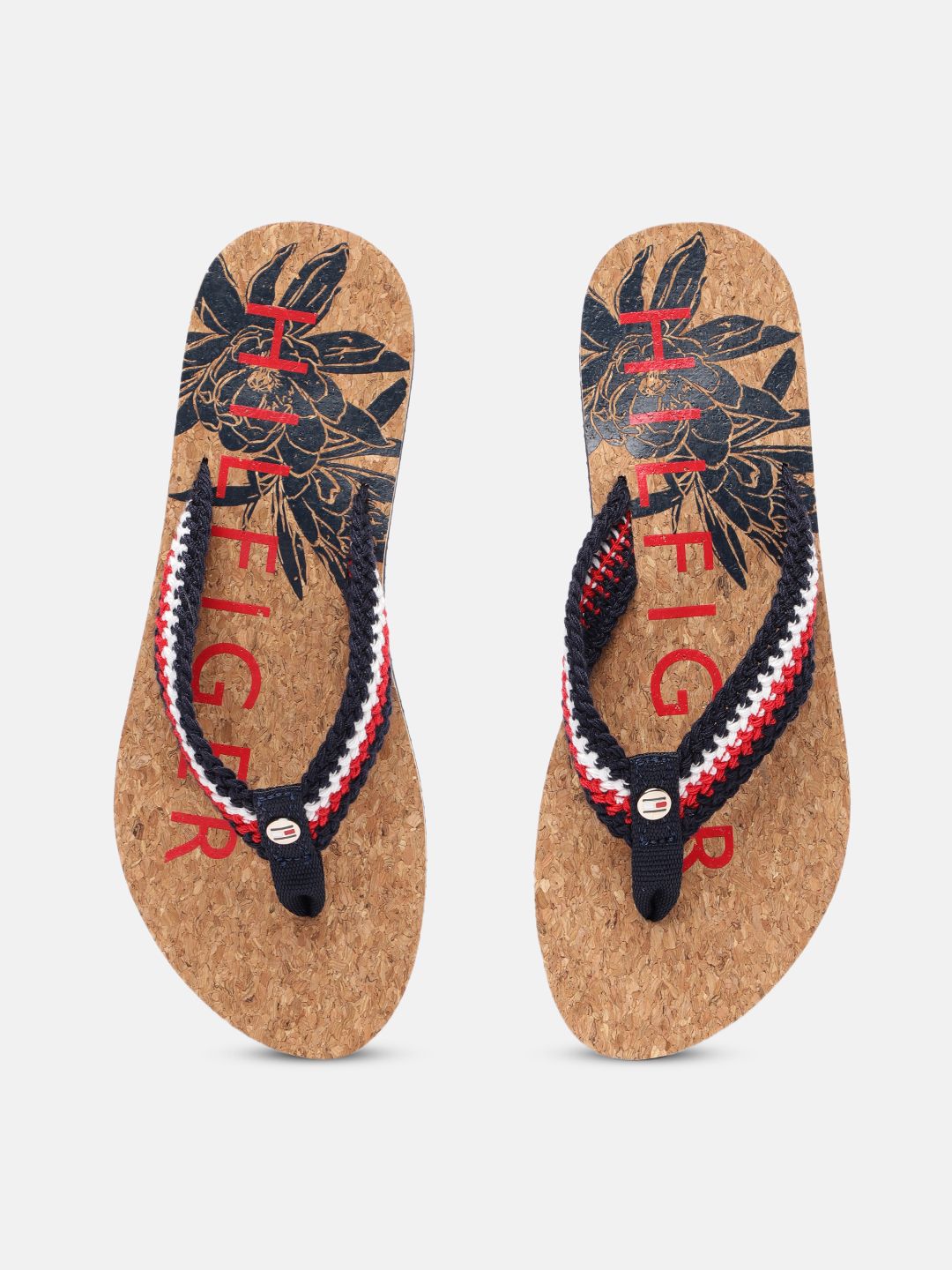 Tommy Hilfiger Women Navy Blue & Camel Brown Printed Cork Footbed Beach Thong Flip-Flops Price in India