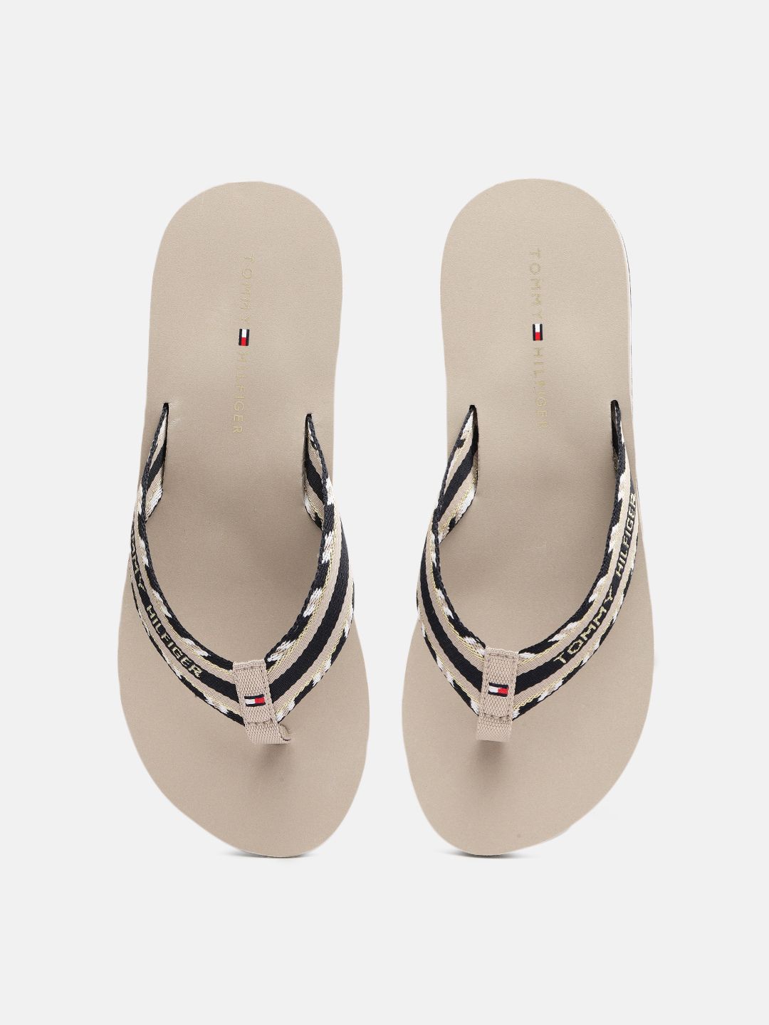 Tommy Hilfiger Women Beige & Black Brand Logo Printed Thong Flip-Flops Price in India