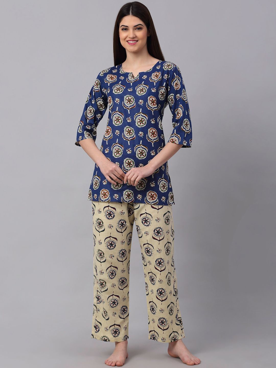 NEUDIS Women Navy Blue & Green Printed Pure Cotton Night suit Price in India