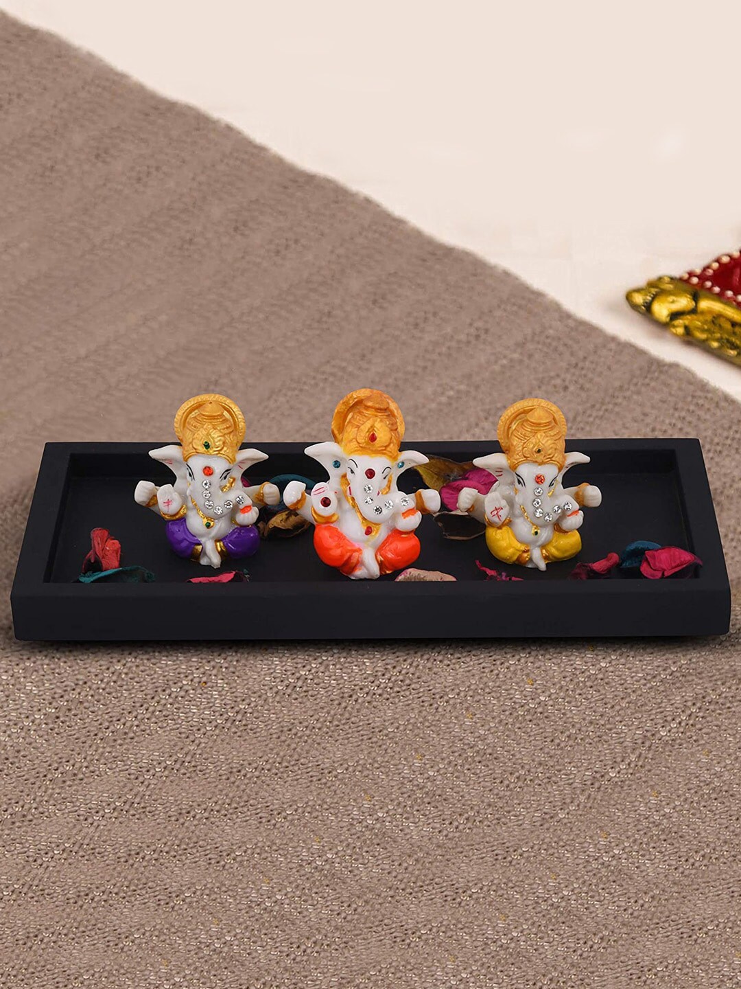 TIED RIBBONS Set Of 3 Mini Ganesha With Wooden Tray Showpiece Price in India