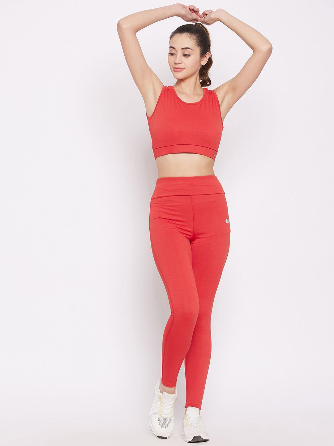 Clovia Women Red Solid Snug Fit Active Tights & Padded Wirefree Sports Bra Set Price in India