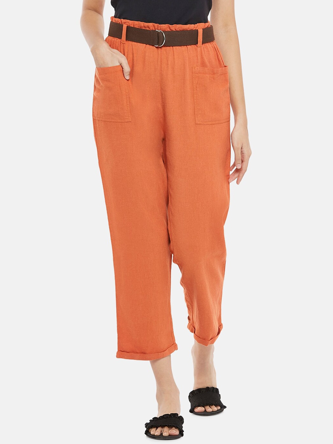 People Women Orange Solid Pure Cotton Cropped Trousers Price in India