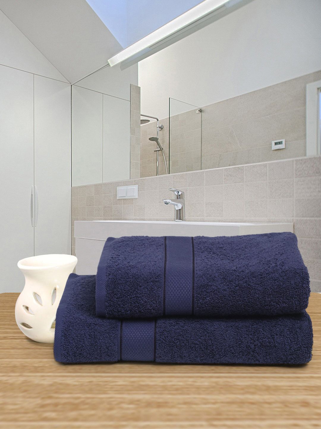 CREEVA Navy Blue Set Of 2 Textured 525 GSM Couple Towels Price in India