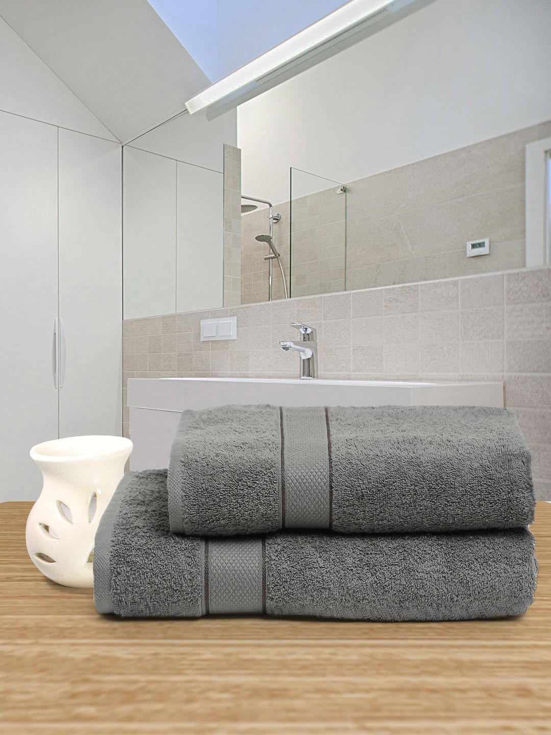 Creeva Grey Solid 525 GSM 2 Pc Couple Bath Towel Set Price in India