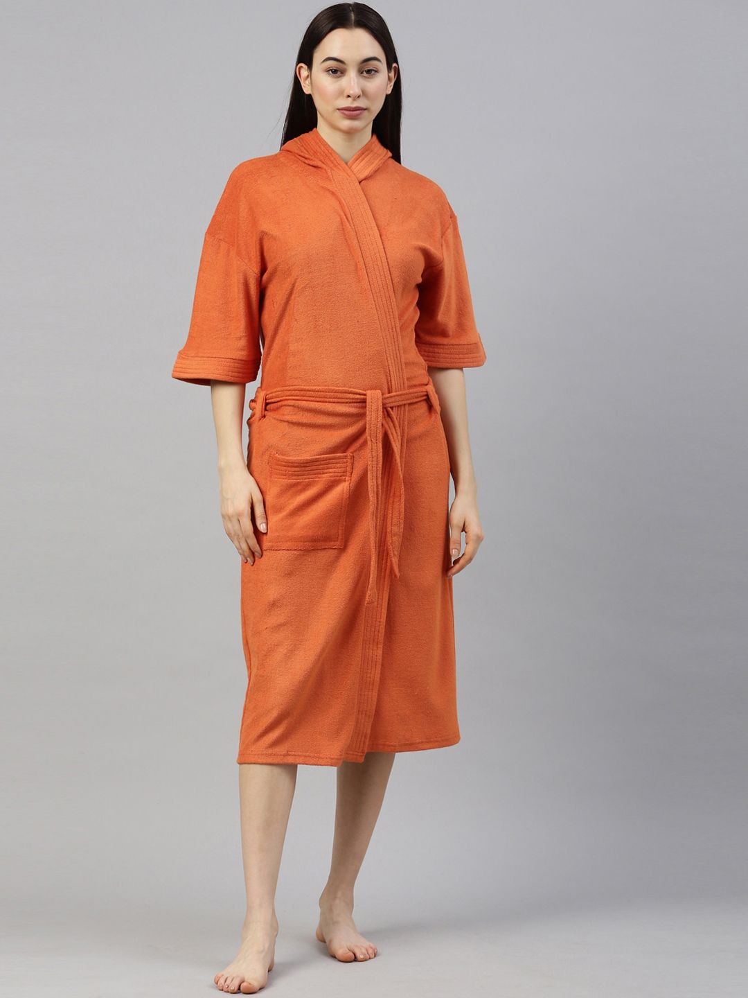 GOLDSTROMS Women Rust Orange Coloured Solid Hooded Bath Robe Price in India