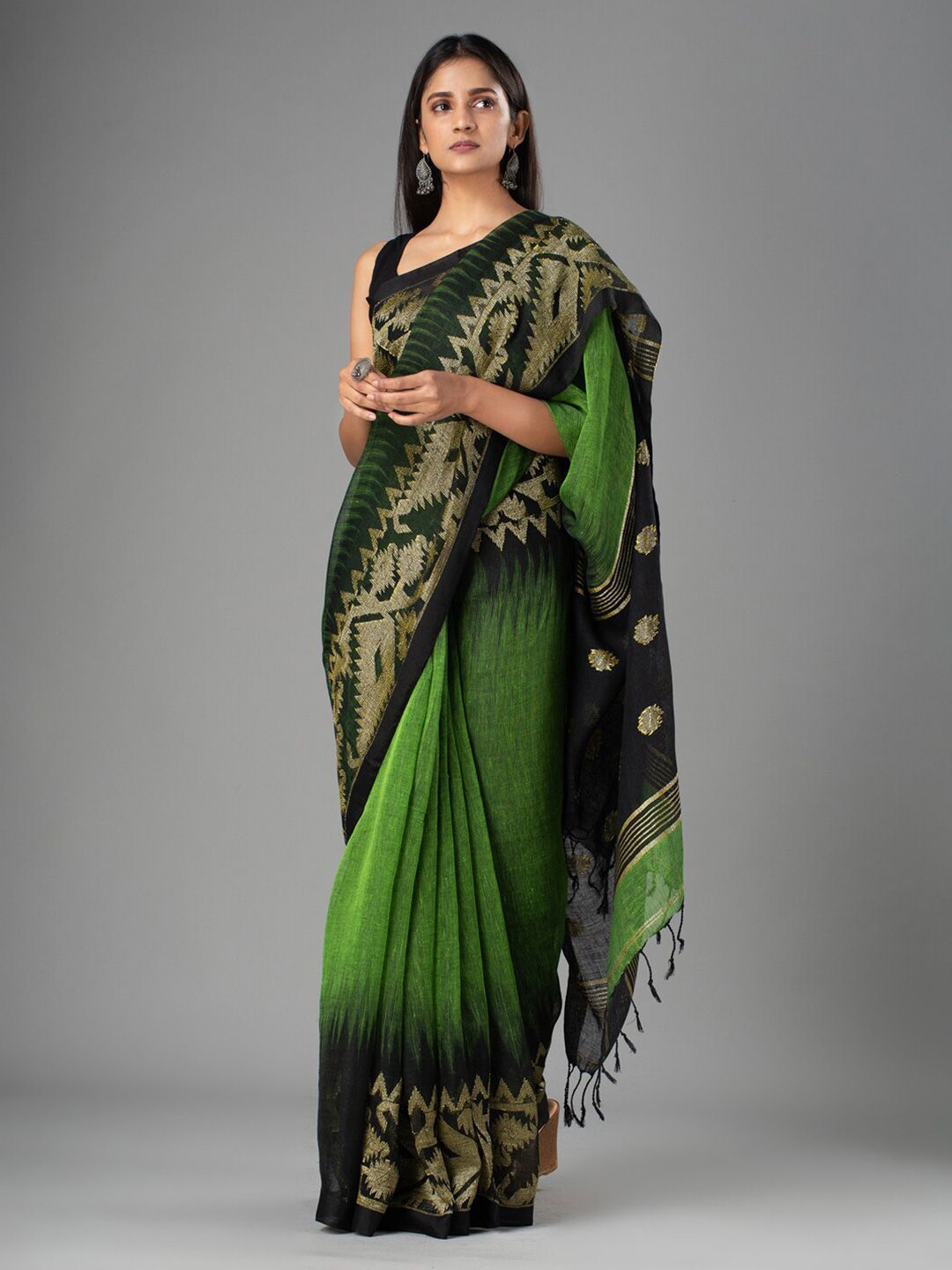 Mitera Green & Black Ethnic Motifs Zari Pure Linen Saree Price in India