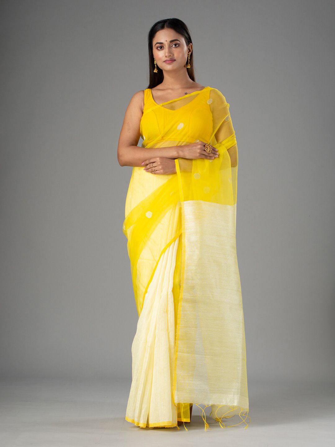 Mitera Yellow & White Floral Pure Silk Saree Price in India