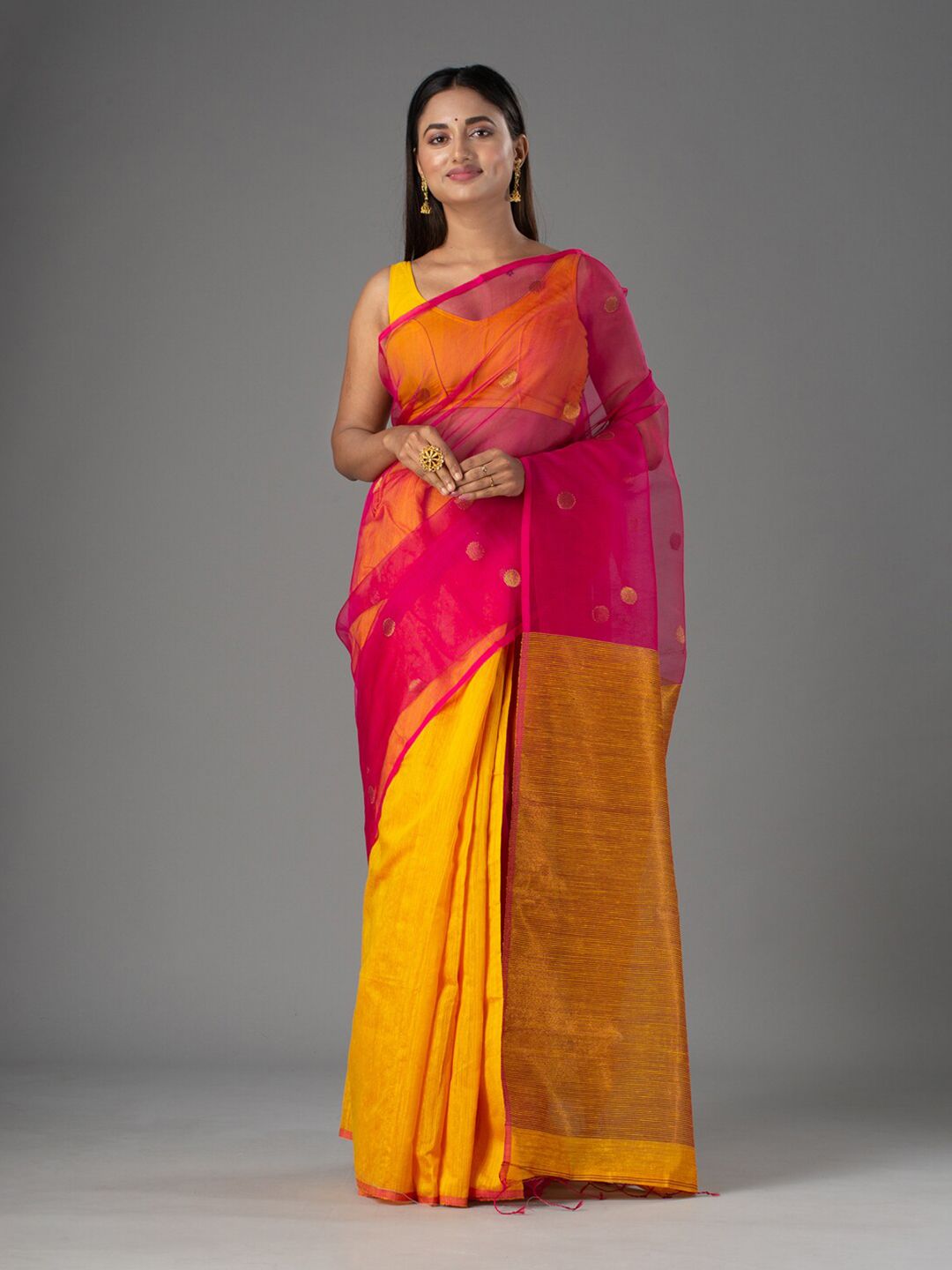 Mitera Mustard & Magenta Zari Pure Silk Saree Price in India