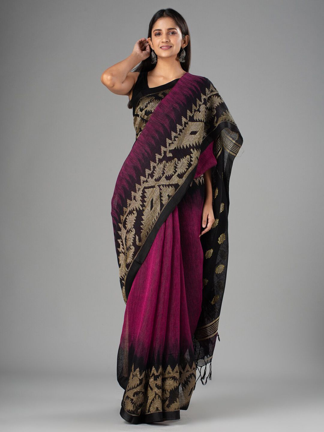 Mitera Magenta & Black Floral Pure Linen Jamdani Saree Price in India