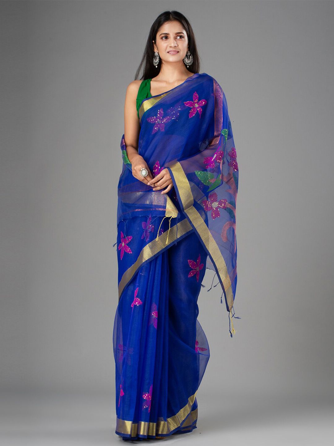 Mitera Blue & Green Floral Pure Silk Jamdani Saree Price in India