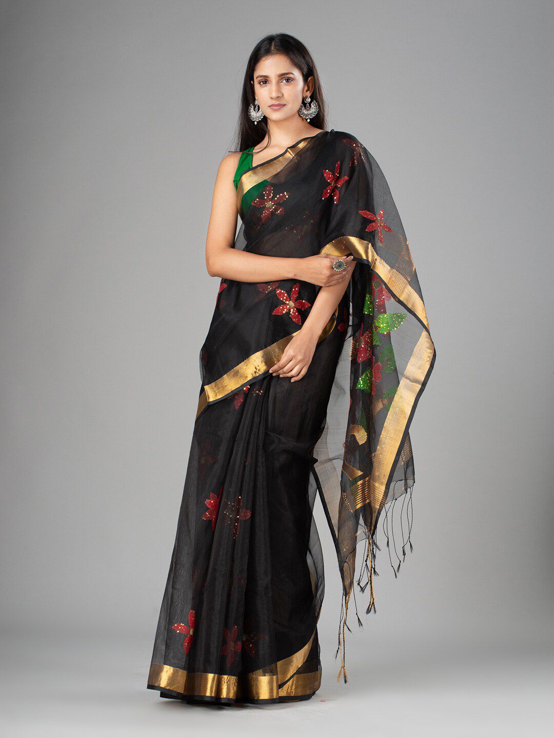 Mitera Black & Green Floral Zari Pure Silk Jamdani Saree Price in India