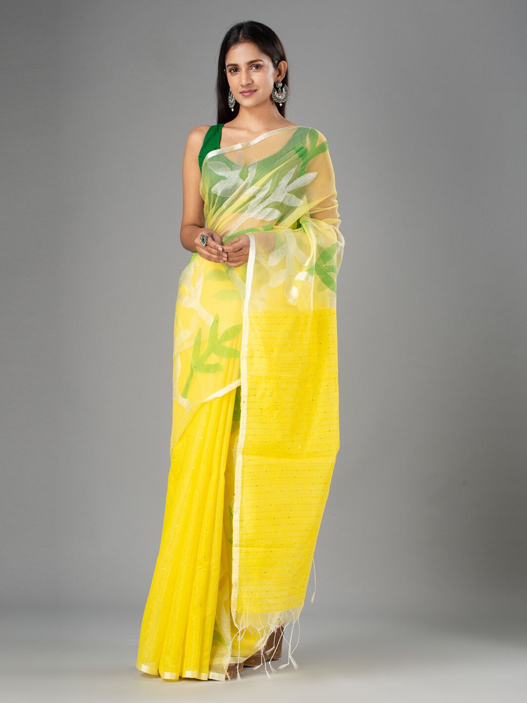 Mitera Yellow & Green Floral Pure Silk Jamdani Saree Price in India